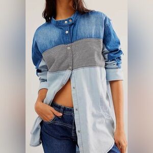Free People Blue and Gray Button Down Shirt